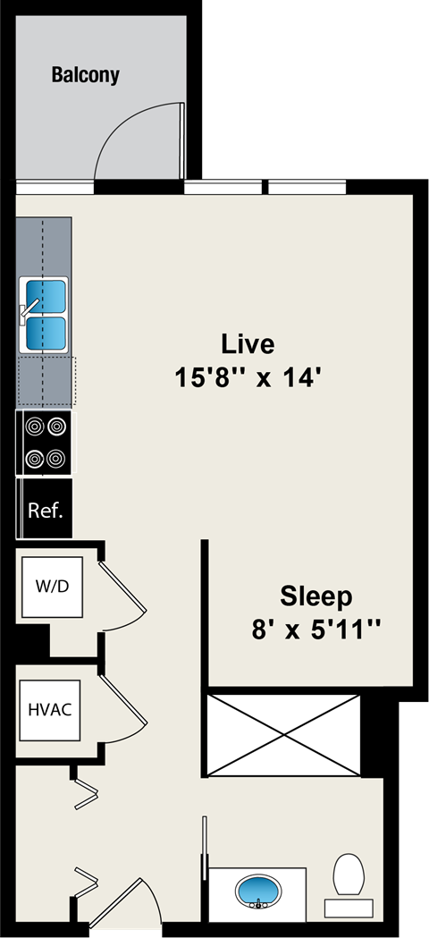 A floor plan of a room with a balcony, a living area, a sleeping area, and a bathroom.